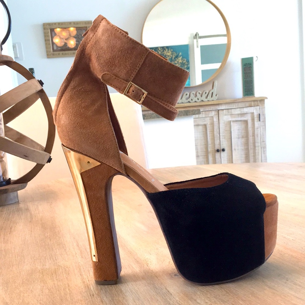 Jeffrey Campbell Black and Brown Suede Platform Sandals with Gold Accent